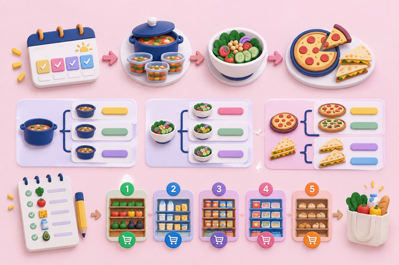The island kitchen rhythm — meal planning flow as a stylized 3D illustration