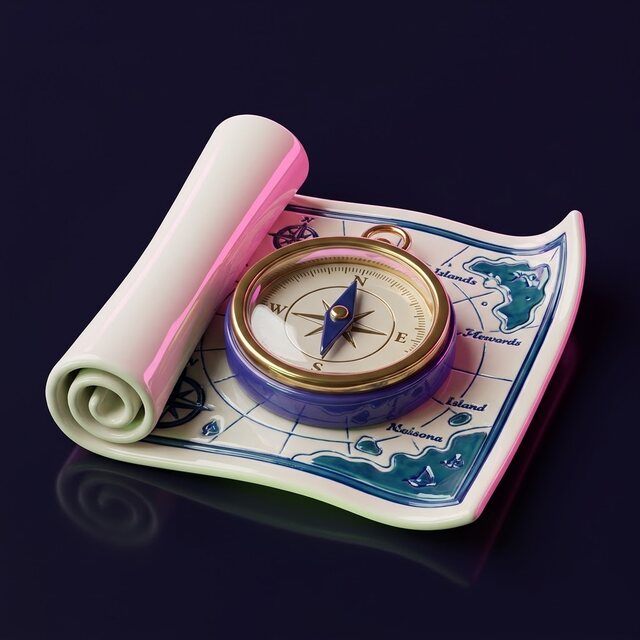 A rolled sea chart with a brass compass resting on it