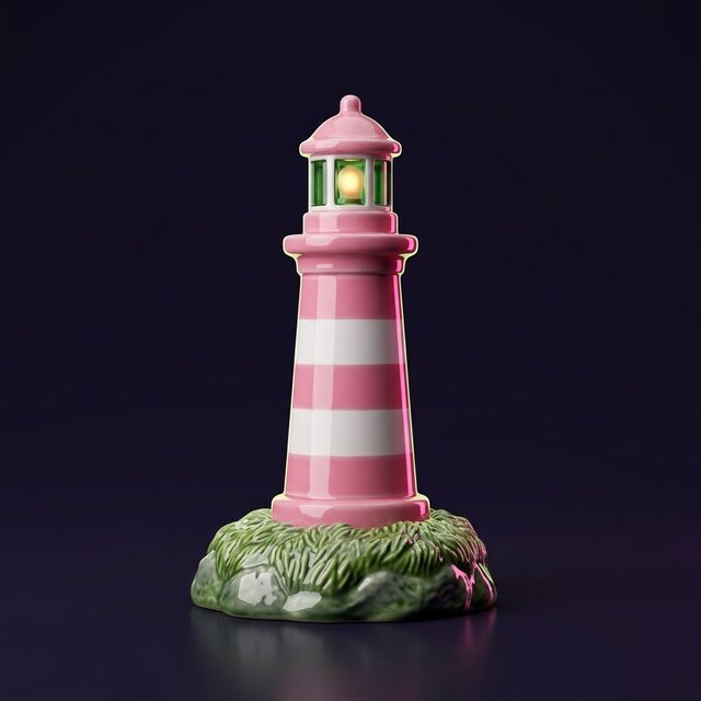 The island lighthouse — pink and white, lantern lit